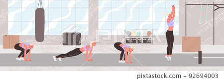 Fit woman doing a burpee exercise. Endurance training. Step by step instructions burpee. 92694003