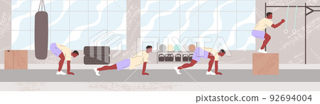 Man doing a burpee exercise. Endurance training. Step by step instructions burpee 92694004