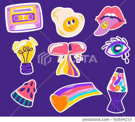 Pop Color Style Flat Design 90s Sticker. Cool trendy retro stickers with smile faces, cartoon comic label patches. Different emotions, text. Vector cartoon illustration isolate 92694253