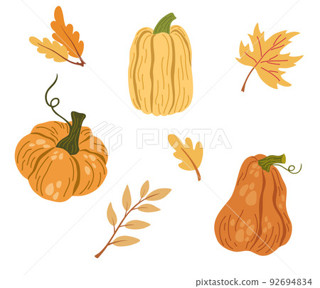 Pumpkins and autumn leaves set. Pumpkin shapes with leaves, half with seeds and slices. Autumn, fall, thanksgiving and halloween decoration. Hand draw vector cartoon illustration  92694834