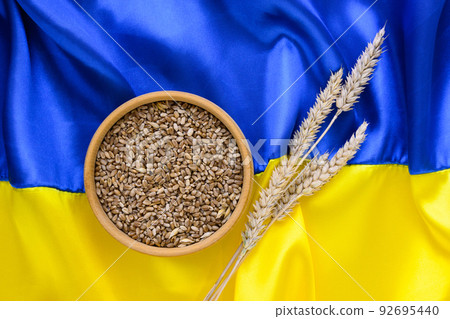Fabric wave flag of Ukraine with wheat spikes. Blue and yellow bright colors Fabric wave flag of Ukraine with wheat spikes. Blue and yellow bright colors 92695440