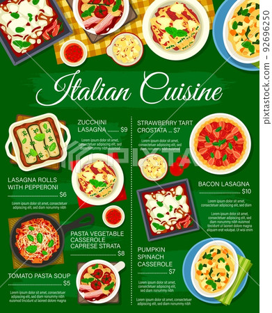 Italian food menu, Italy cuisine pasta and lasagna, lunch and dinner casserole, vector meals poster. Traditional Italian vegetable pasta caprese strata, tomato soup and strawberry tart with lemonade Italian food menu, Italy cuisine pasta and lasagna, lunch and dinner casserole, vector meals poster. Traditional Italian vegetable pasta caprese strata, tomato soup and strawberry tart with lemonade 92696250
