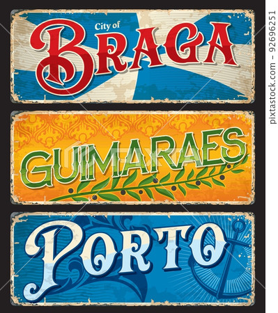 Porto, Braga, Guimaraes, Portuguese travel stickers and luggage tags, vector bag labels. Portugal country and city vacations or journey trip retro tin signs and travel plates with landmarks Porto, Braga, Guimaraes, Portuguese travel stickers and luggage tags, vector bag labels. Portugal country and city vacations or journey trip retro tin signs and travel plates with landmarks 92696251