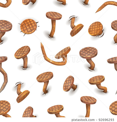 Cartoon rusty bent nails and hobnails seamless pattern. Vector ornament of metal crooked and hammer nails with ferruginous heads, vintage iron hardware spikes, curved hammered old iron carpentry items 92696293