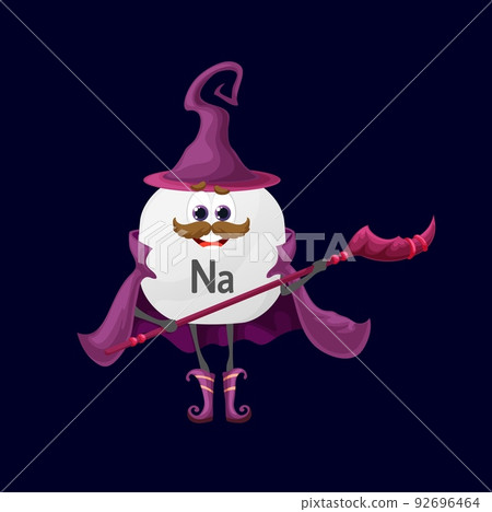 Cartoon sodium or natrium micronutrient mage character. Isolated happy vector Na wizard warlock nutrient capsule personage wear witch hat, cape holding staff. Funny food supplement, mineral wiz bubble Cartoon sodium or natrium micronutrient mage character. Isolated happy vector Na wizard warlock nutrient capsule personage wear witch hat, cape holding staff. Funny food supplement, mineral wiz bubble 92696464