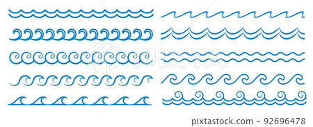 Sea wave line, blue water pattern borders and frames, vector ocean surf ripples. Wave and wavy line separators with tide ripples, zigzag curves and curls, linear boarders and frames or borders 92696478