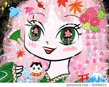 喜歡日本主題的粉紅色頭髮女孩的形象插圖 喜歡日本主題的粉紅色頭髮女孩的形象插圖 92696633