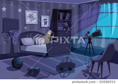 Cartoon empty kid boy bedroom at night Cartoon empty kid boy bedroom at night 92696914