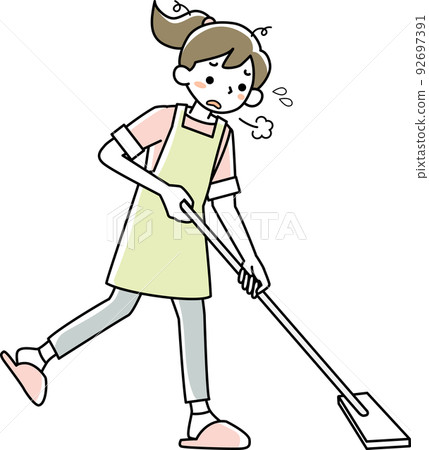 年輕女子拖著地板,一臉疲憊 年輕女子拖著地板,一臉疲憊 92697391