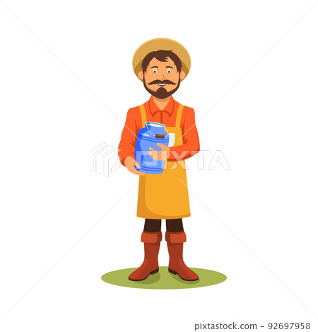 Farmer holds can of milk, vector banner or clipart 92697958
