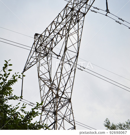 High voltage electricity cables detail, green vegetation and clean sky High voltage electricity cables detail, green vegetation and clean sky 92698067