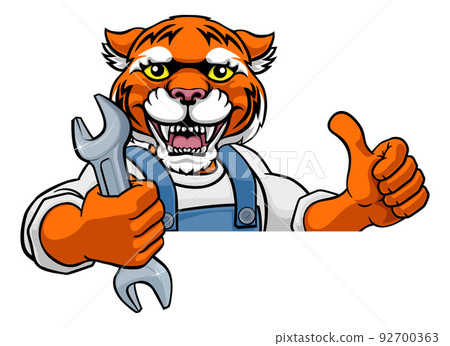 Tiger Plumber Or Mechanic Holding Spanner Tiger Plumber Or Mechanic Holding Spanner 92700363