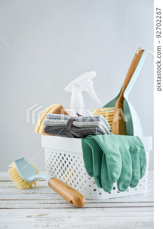 Cleaning service concept. Cleaning accessories in blue color. 92702287