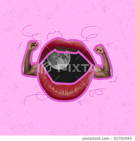 Contemporary art collage. Surreal composition with female open mouth and muscular male hands over pink background. Surrealism Contemporary art collage. Surreal composition with female open mouth and muscular male hands over pink background. Surrealism 92702943