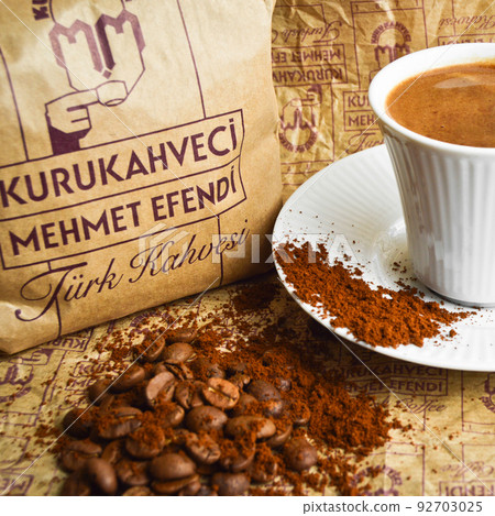 Turkey's best dry coffee merchant, Kurukahveci Mehmet Efendi, packaged coffee, a cup of Turkish coffee, Turkey Istanbul, February 23, 2019 92703025