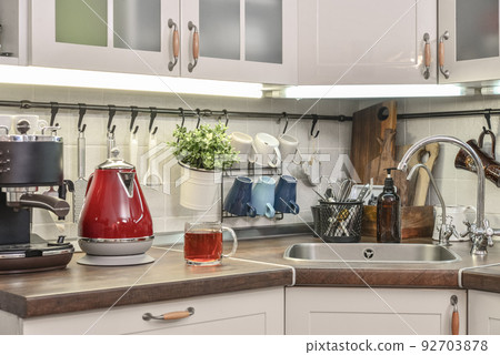 Retro style red electric kettle with coffee maker 92703878