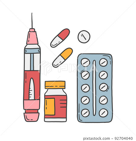 Syringe injector pen, medical drugs and pills vector illustration 92704040