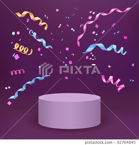 Cylinder podium with 3d realistic colorful confetti and ribbons on dark background. Cylinder podium with 3d realistic colorful confetti and ribbons on dark background. 92704845