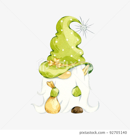 St Patrick's day leprechaun. Watercolor gnome with bag of gold. Hand drawn illustration of leprechaun isolated on white background. 92705140