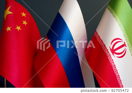 Small flags of China, Russia and Iran. 92705472