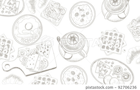 Vintage background in sketch style dishes restaurant, cafe 92706236
