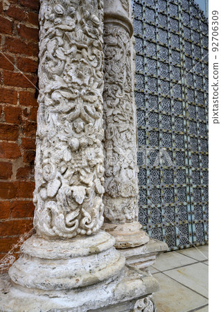 Assumption Cathedral of 17th century with carved stone columns and gates in Ryazan Kremlin, Russia 92706309
