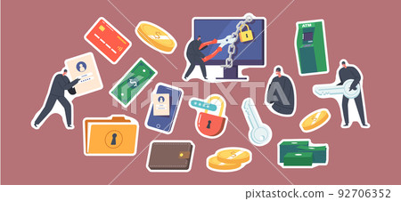 Set of Stickers Hackers And Cyber Criminals Phishing, Anonymous Characters Stealing Private Personal Data, Credentials Set of Stickers Hackers And Cyber Criminals Phishing, Anonymous Characters Stealing Private Personal Data, Credentials 92706352