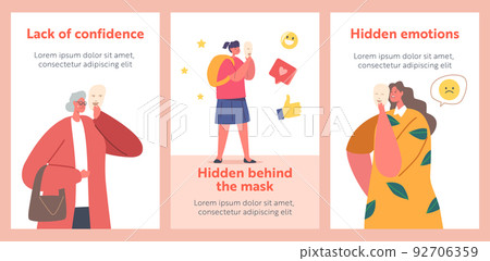 Male and Female Characters Hiding Faces Behind Masks Banners With Positive Emotions. People Disguising Real Feelings 92706359