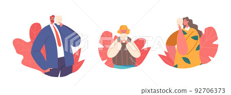 Set of Icons or Avatars Sad Businessman, Girl and Adult Woman Disguising Real Feelings. Characters Hiding Faces at Mask Set of Icons or Avatars Sad Businessman, Girl and Adult Woman Disguising Real Feelings. Characters Hiding Faces at Mask 92706373