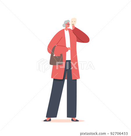 Sad Senior Woman Covering Crying Face With Smiling Mask Expressing Opposite Emotion. Impostor Syndrome, Hypocrisy 92706433