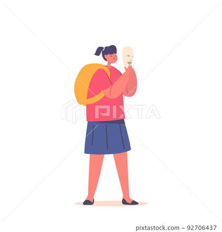 Fake Feelings Concept. Sad Little Girl Character Hide Real Emotions Under Smiling Mask. Schoolgirl with Cheerful Mask 92706437