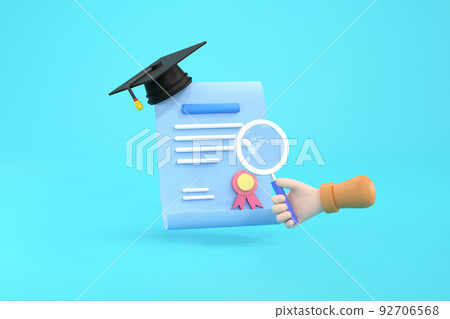 hand hold magnifying glass, mortarboard hat and diploma 92706568