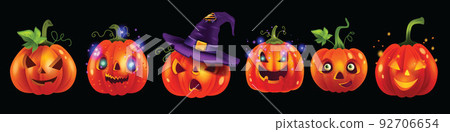 Halloween pumpkin vector set, orange happy cartoon lantern laugh festive element, scary carving face Halloween pumpkin vector set, orange happy cartoon lantern laugh festive element, scary carving face 92706654