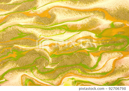 Abstract fluid art background green and yellow colors. Liquid marble. Acrylic painting with golden lines and gradient. 92706798