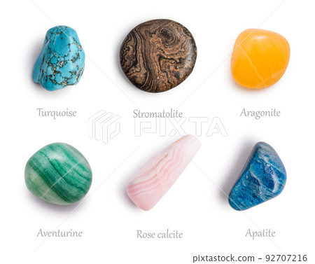 Stromatolite, apatite, rose calcite, aventurine, aragonite, and turquoise natural stone 92707216