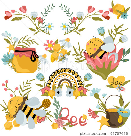 Bee bundle. Cute compositions with bee in flower, wreaths with wildflowers, honeycomb, rainbow. Cartoon honey bees with different emotions. Nature, organic product. Vector 92707656