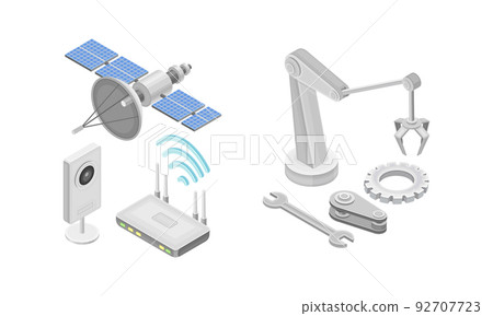 School Lesson with Subject Supplies with Wireless Technology and Robotic Arm Isometric Vector Set School Lesson with Subject Supplies with Wireless Technology and Robotic Arm Isometric Vector Set 92707723