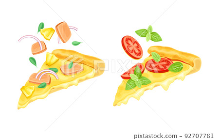 Appetizing Italian Pizza Slices with Melting Cheese as Hot Dough Topped with Tomato, Basil and Salmon Dropping Vector Set Appetizing Italian Pizza Slices with Melting Cheese as Hot Dough Topped with Tomato, Basil and Salmon Dropping Vector Set 92707781