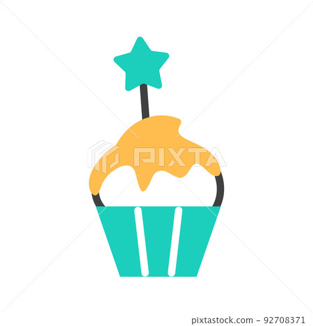 Cupcake flat line icon with candy. Color birthday party vanilla muffin decorated swirl whipped buttercream. Sweet festive dessert. Tasty homemade snack. Minimal treat logo design vector illustration. 92708371