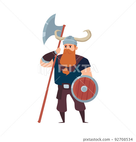Viking warrior in helmet with horns holds axe, flat vector illustration isolated. Viking warrior in helmet with horns holds axe, flat vector illustration isolated. 92708534