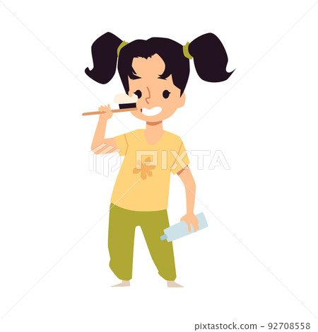 Cute child girl brushing teeth with toothbrush,... - Stock Illustration ...