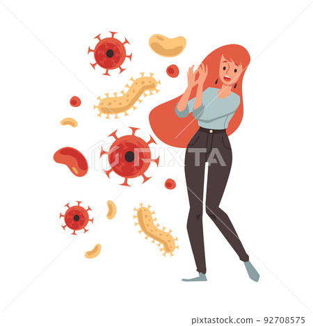 Woman with anxiety of viral and microbial diseases, flat vector isolated. 92708575