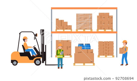 Warehouse or factory working process, man driving forklift truck - flat vector illustration isolated on white. 92708694