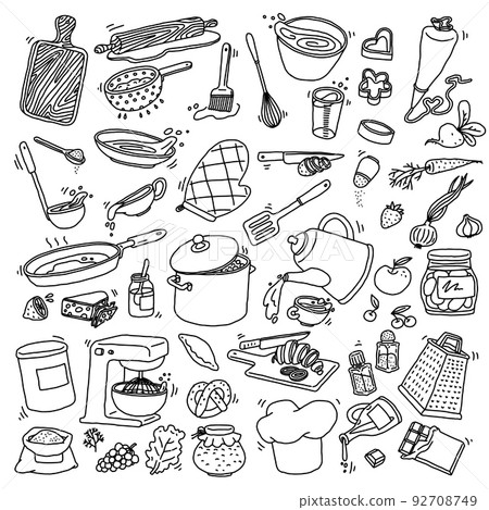 Kitchen food cooking utensils and tools set doodle vector illustration isolated. Kitchen food cooking utensils and tools set doodle vector illustration isolated. 92708749