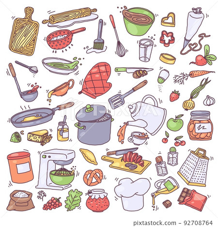 Kitchen tools and food ingredients set, doodle vector illustration isolated on white background. 92708764