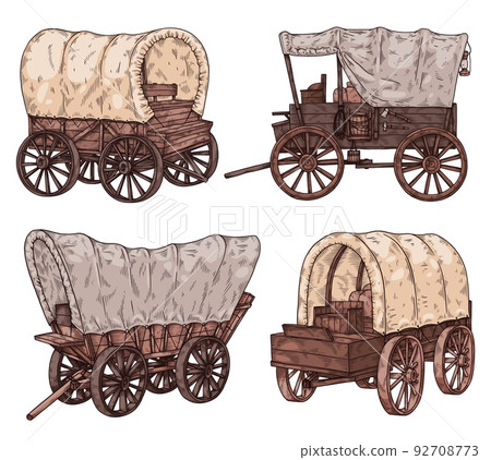 Old horse carriages or carts collection, sketch vector illustration isolated. 92708773