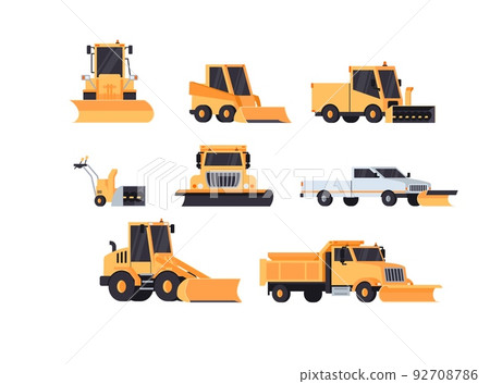 Snow plow trucks to clean roads in winter, flat vector illustration isolated on white background. 92708786