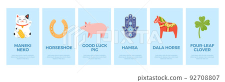 Good fortune talismans posters set, flat vector illustration. 92708807