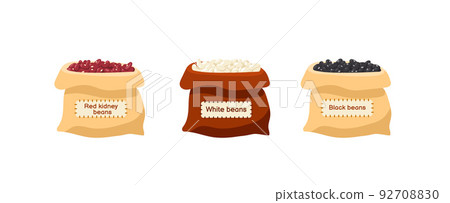 Sacks with red, black and white kidney beans, flat vector illustration isolated. 92708830