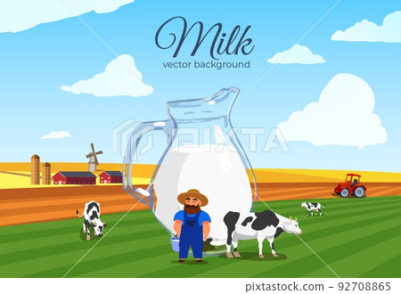 Milk background with farmer and cows in field, flat vector illustration. Milk background with farmer and cows in field, flat vector illustration. 92708865